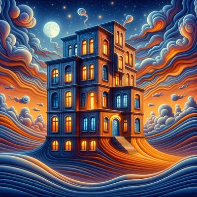 The primary subject of the image is a large, multi-story building with many windows. The building is situated in a setting with a night sky, clouds, and a moon visible in the background. The visual style of the image is a digital art or illustration, with a vibrant and colorful atmosphere. The colors and mood of the image are lively and dynamic, creating a sense of movement and energy.